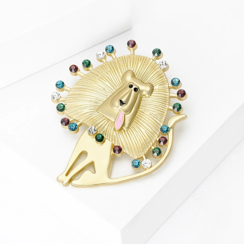 Fashion Artistic Lion Head Brooch For Women Vintage Matte Gold Animal Lapel Pin With Colorful Rhinestones Alloy Costume Jewelry