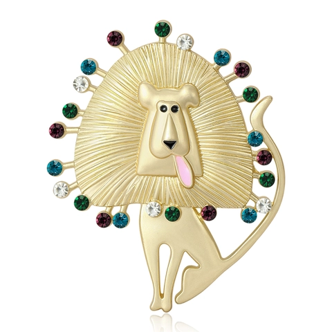 Fashion Artistic Lion Head Brooch For Women Vintage Matte Gold Animal Lapel Pin With Colorful Rhinestones Alloy Costume Jewelry