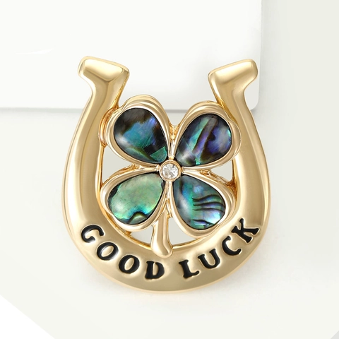 Exquisite Alloy Horseshoe Four-Leaf Clover Brooch For Women Gold Color Rhinestone Good Luck Pattern Clothing Accessory