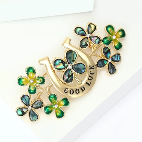 Fashion Alloy Horseshoe Four Leaf Clover Brooch With Good Luck Text Rhinestone Abalone Shell Pin For Women Jewelry Gift