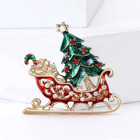 Weihnachts Schlitten Baum Brosche Legierung Emaille Strass Festlicher Schmuck Geschenk Für Damen Glänzendes Holiday Anstecknadel