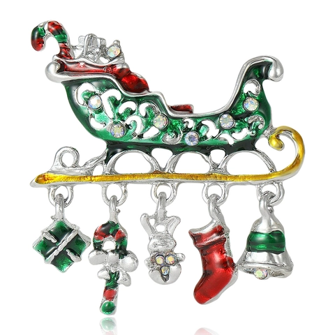 Broche Traîneau de Noël en Alliage Émaillé pour Femmes Avec Breloques Pendantes Cloche Chaussette Strass Bijou de Fête