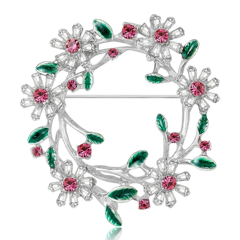 Elegante Broche de Corona Floral en Aleación y Strass para Mujer Moda Planta Esmalte Floral Corsage Accesorio Joyería de Fiesta