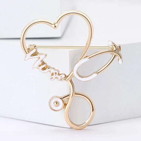Creative Alloy Stethoscope Heart Brooch With Nurse Lettering Gold Enamel Medical Pins For Doctors Nurses Uniform Jewelry