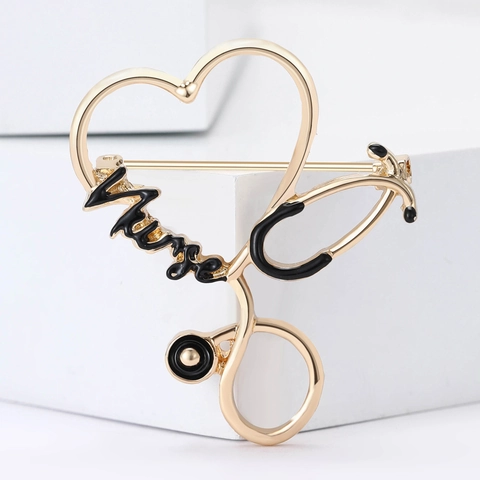 Creative Alloy Stethoscope Heart Brooch With Nurse Lettering Gold Enamel Medical Pins For Doctors Nurses Uniform Jewelry