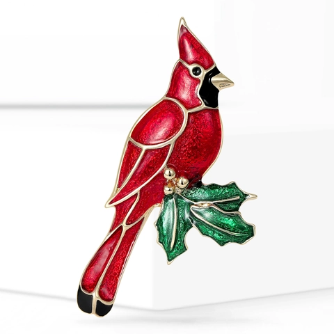 Exquisite Roter Kardinal Vogel Brosche Für Damen Legierung Emaille Winter Stechpalme Blatt Weihnachten Tier Pin Mode Anzug Mantel Zubehör