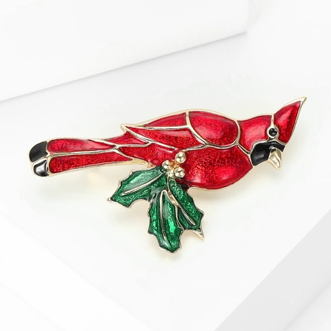 Enamel Cardinal Bird Brooch For Women Red Bird Pin With Holly Leaves Winter Christmas Jewelry Gift Fashion Alloy Brooch