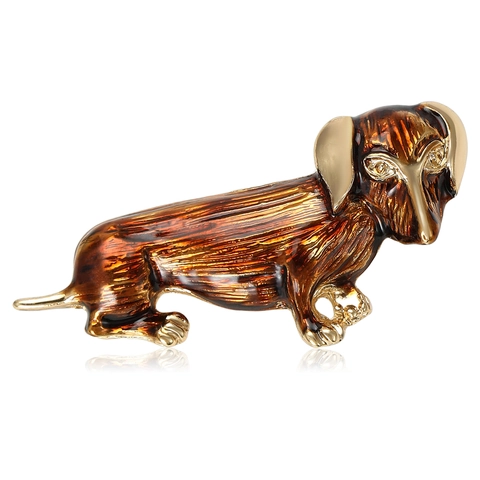 Cute Dachshund Dog Brooch Alloy Brown Enamel Animal Lapel Pin Gold Plated Fashion Jewelry Rhinestone Eye Breastpin For Women Men