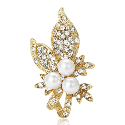 Elegant Leaf Floral Brooch Pin For Women With Artificial Pearl Rhinestone Alloy Gold Silver Plated Fashion Jewelry Accessories