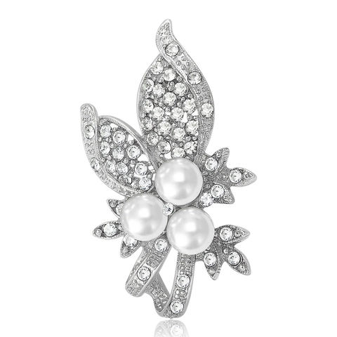 Elegant Leaf Floral Brooch Pin For Women With Artificial Pearl Rhinestone Alloy Gold Silver Plated Fashion Jewelry Accessories