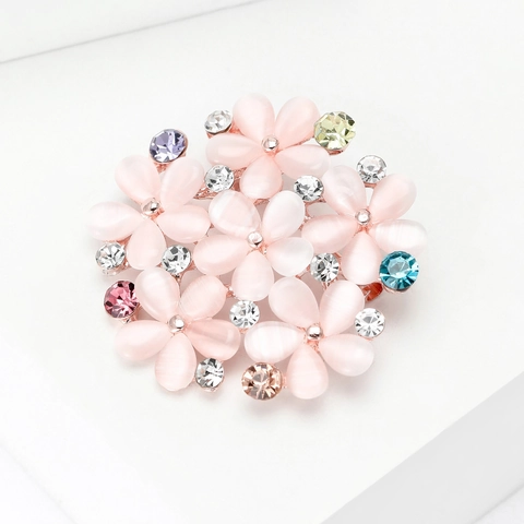 Elegant Alloy Rhinestone Flower Brooch For Women Pink Artificial Cat Eye Stone Floral Apparel Pin Fashion Corsage Jewelry
