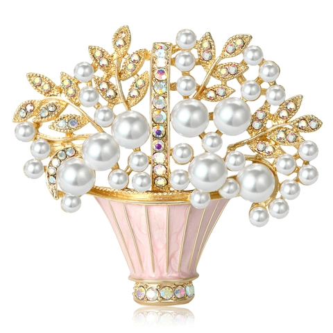 Broche de Cesta de Flores de Aleación de Esmalte de Moda para Mujer con Perlas Artificiales y Diamantes de Imitación Incrustados