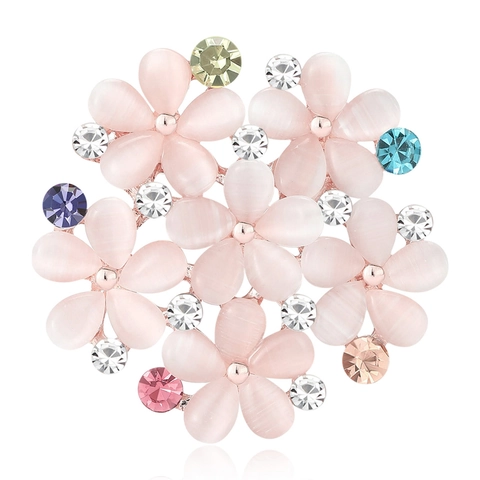 Elegant Alloy Rhinestone Flower Brooch For Women Pink Artificial Cat Eye Stone Floral Apparel Pin Fashion Corsage Jewelry