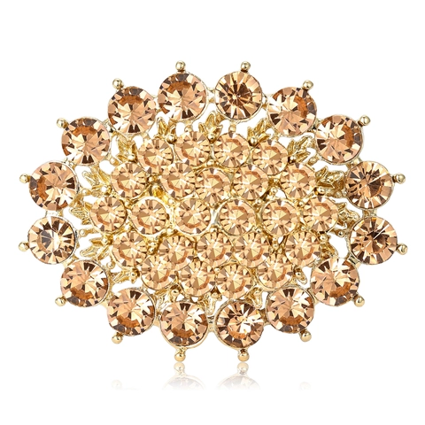 Vintage Luxury Alloy Rhinestone Flower Brooch For Women Elegant Sunburst Oval Pin For Wedding Banquet Party Jewelry Gift