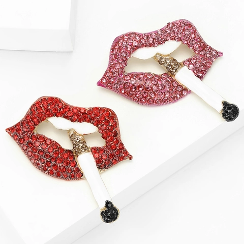 Trendige Rote Lippe Zigarette Brosche Für Damen Legierung Strass Besetzt Persönlichkeit Emaille Nadel Mode Schmuck Zubehör