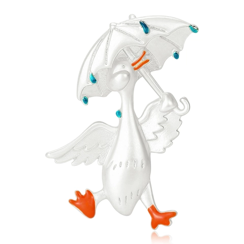 Cute Alloy Cartoon Duck Holding Umbrella Brooch Enamel Drip Oil Rhinestone Animal Lapel Pin For Women Fashion Jewelry Gift