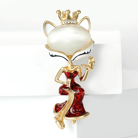 Spilla Volpe in Lega Vintage Con Pietra Occhio di Gatto Corona di Strass Vestito di Rose Smaltato Spilla Animale per Donna Regalo