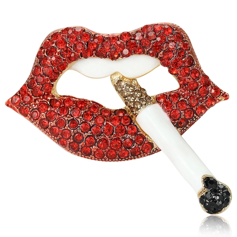 Creative Individual Alloy Enamel Drip Oil Rhinestone Lips Cigarette Brooch Fashion Minimalist Women Clothing Accessories