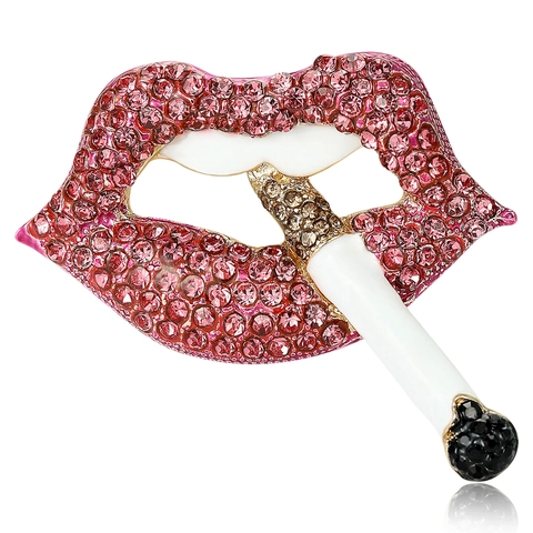 Creative Individual Alloy Enamel Drip Oil Rhinestone Lips Cigarette Brooch Fashion Minimalist Women Clothing Accessories