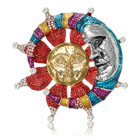 Vintage Sun and Moon Enamel Brooch Colorful Rhinestone Celestial Pin Stainless Steel Jewelry For Unisex Banquet Daily