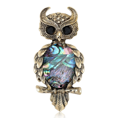 Vintage Alloy Rhinestone Owl Brooch For Women Men Gold Colorful Shell Animal Pin Fashion Suit Accessories Jewelry Gift