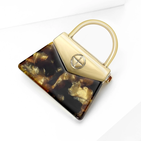 Broche en Acrylique Forme de Sac à Main Vintage Plaquée Or Motif Écaille de Tortue Épingle à Vêtements Accessoire Bijou Femme