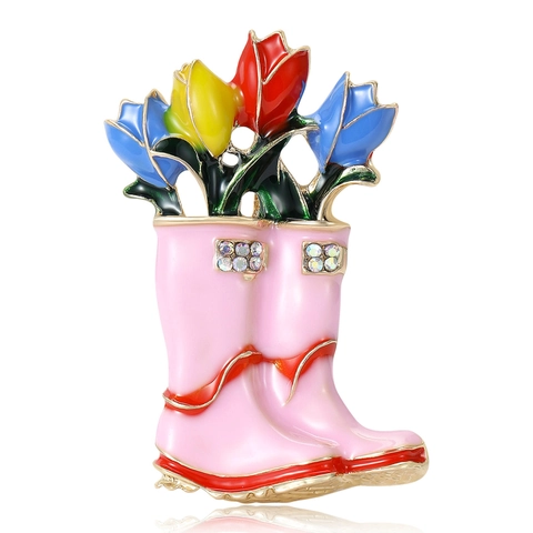 Spilla Creativa a Forma di Stivale da Pioggia con Tulipani in Lega e Smalto Strass Intarsiati Spilla Decorativa Donna Gioielli