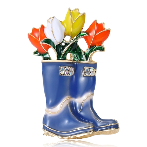 Spilla Creativa a Forma di Stivale da Pioggia con Tulipani in Lega e Smalto Strass Intarsiati Spilla Decorativa Donna Gioielli
