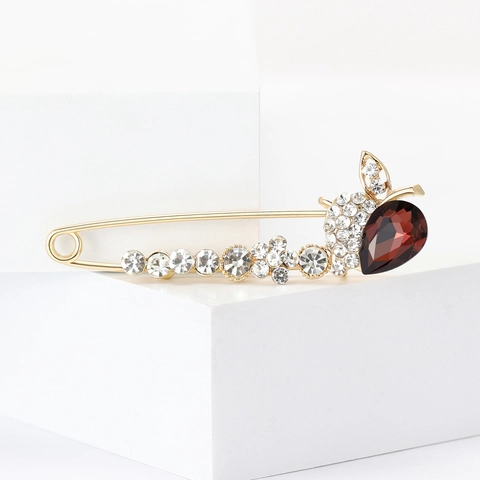 Broche Épingle de Nourrice Élégante en Alliage avec Strass pour Femme Or Rouge Cristal Grande Épingle de Revers Bijoux de Mode