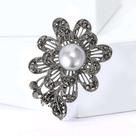Broche de Flor Rosa de Aleación Vintage para Mujer Con Diamantes de Imitación y Perla Artificial Negro de Fusil Joyería