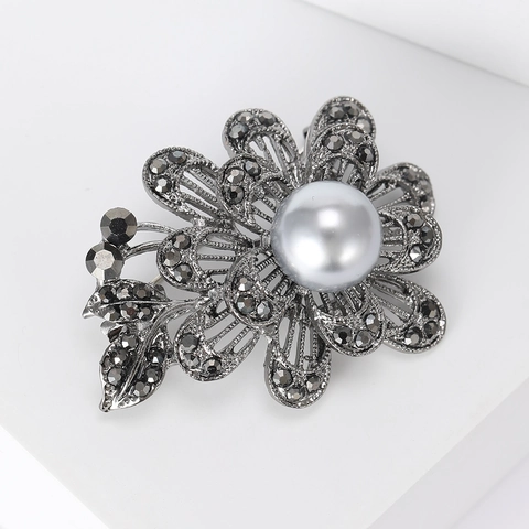 Broche de Flor Rosa de Aleación Vintage para Mujer Con Diamantes de Imitación y Perla Artificial Negro de Fusil Joyería