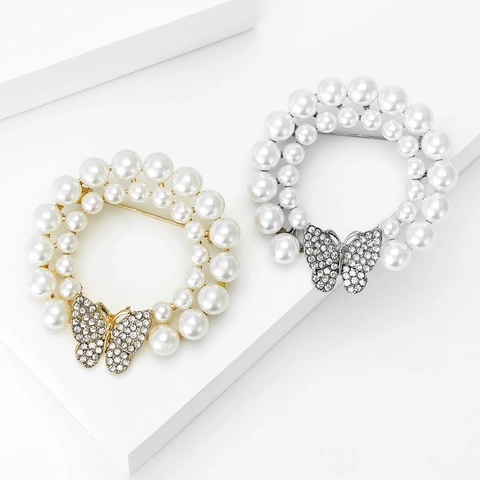 Broche de Guirnalda de Perlas Artificiales y Mariposa Elegante Aleación Diamante de Imitación Pin Redondo Para Mujeres Boda Fiesta Joyería Accesorio