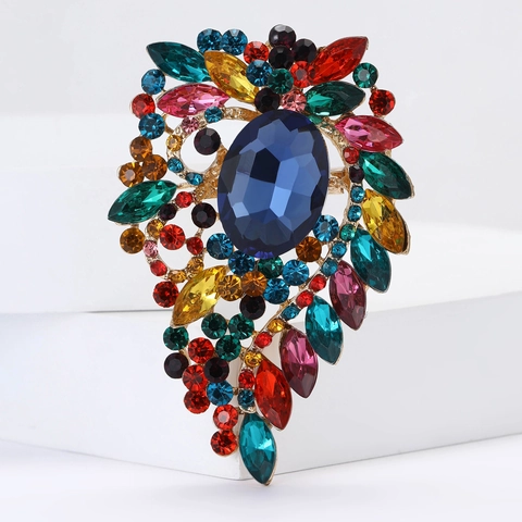 Vintage Alloy Glass Crystal Flower Brooch For Women Gold Plated Large Rhinestone Inlaid Corsage For Suit Shawl Jewelry