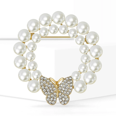 Broche de Guirnalda de Perlas Artificiales y Mariposa Elegante Aleación Diamante de Imitación Pin Redondo Para Mujeres Boda Fiesta Joyería Accesorio