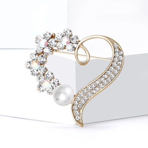 Elegant Heart Brooch For Women Alloy Rhinestone Flower Pin With Artificial Pearl Vintage Korean Fashion Jewelry Clothing Accessory Gift