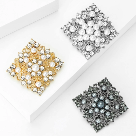 Broche De Flor Geométrica Hueca Vintage Con Perla Artificial Y Cristal De Diamantes De Imitación Alfiler De Solapa Para Mujer Joyas De Fiesta Lujosas