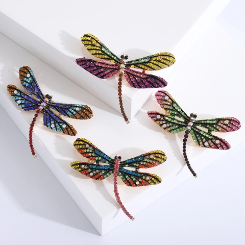 Vintage Colorful Rhinestone Dragonfly Brooch For Women Alloy Enamel Insect Lapel Pin Elegant Dress Accessory Jewelry Gift