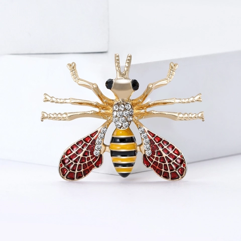 Vintage Alloy Red Enamel Bee Brooch With Rhinestone Fashion Animal Lapel Pin For Women Clothing Decoration Accessory