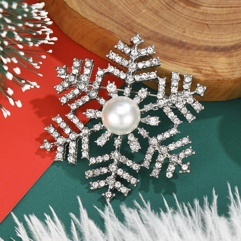 Elegante Broche de Copo de Nieve con Perla Artificial Aleación con Incrustaciones de Strass Joyería de Navidad para Mujer Accesorios Abrigo