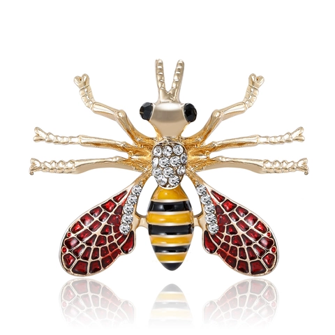 Vintage Alloy Red Enamel Bee Brooch With Rhinestone Fashion Animal Lapel Pin For Women Clothing Decoration Accessory