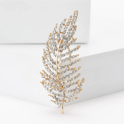 Elegante Spilla a Forma di Foglia di Piuma in Lega Con Strass Corsage di Metallo Squisito Con Intarsio di Strass per Donna Abito Cappotto Gioielli