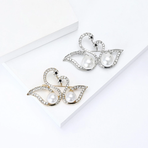 Elegante Spilla Doppio Cigno in Lega Strass Perla Artificiale Gioielli per Donna Decorazione Abbigliamento Oro Argento