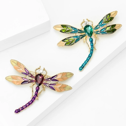 Vintage Alloy Dragonfly Brooch With Enamel Gradient Wings And Crystal Rhinestone Inlay Gold Plated Insect Pin Fashion Jewelry