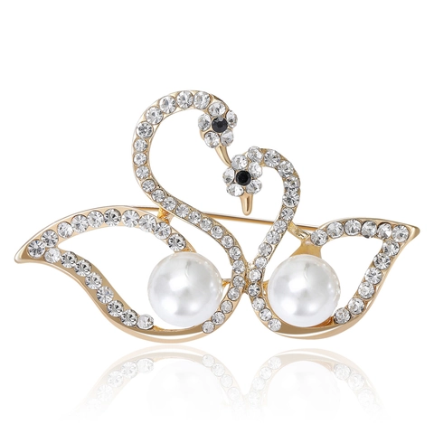 Elegante Spilla Doppio Cigno in Lega Strass Perla Artificiale Gioielli per Donna Decorazione Abbigliamento Oro Argento