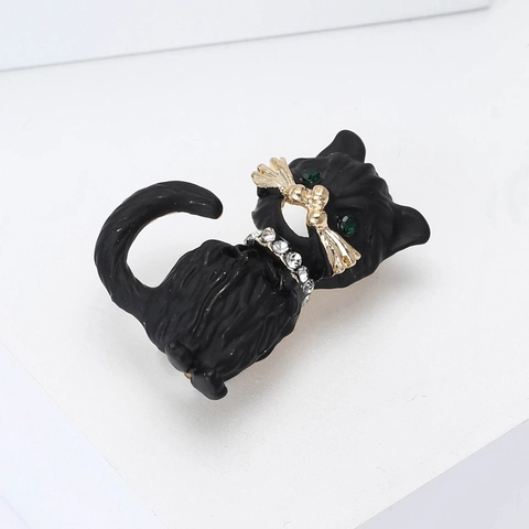 Süße Schwarze Emaille Katze Brosche Legierung Tier Brustnadel Mit Strass Grünen Augen Mode Schmuck Zubehör Für Damen