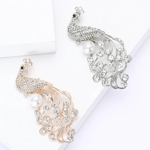 Elegante Broche de Pavo Real de Aleación para Mujer Pin de Moda de Alta Calidad con Diamantes de Imitación y Perla Artificial para Cárdigan Suéter