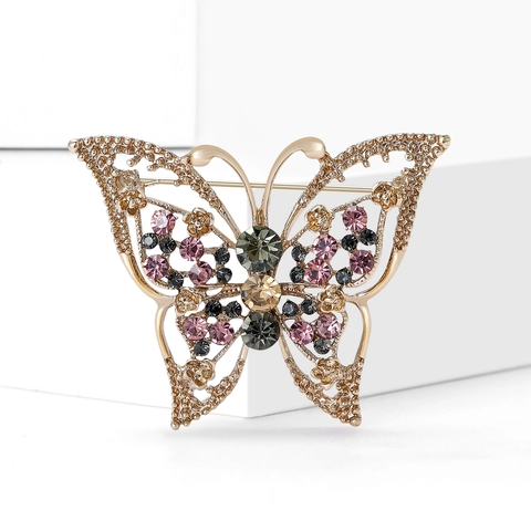 Broche de Mariposa de Aleación Vintage para Mujer Chapado en Oro Hueco Con Diamantes de Imitación Incrustados Joyería de Moda