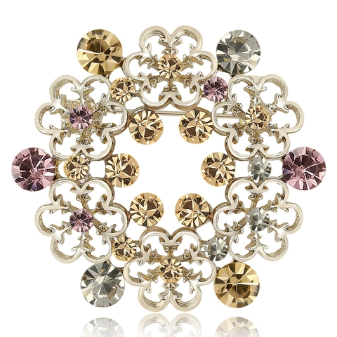 Vintage Alloy Floral Wreath Brooch For Women High Grade Suit Snowflake Corsage Scarf Buckle Colorful Rhinestone Jewelry