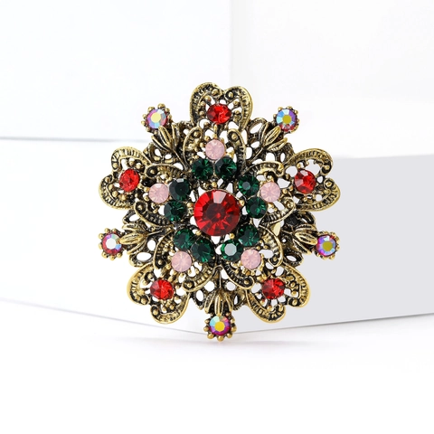 Broche de Corona de Navidad Vintage para Mujer Aleación de Oro Diamante de Imitación Rojo Filigrana Hueco Broche Floral