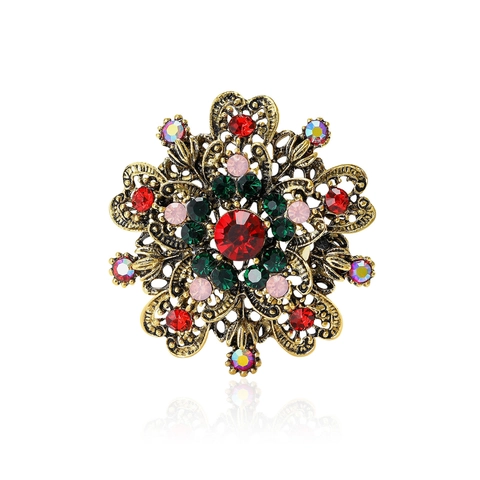 Broche de Corona de Navidad Vintage para Mujer Aleación de Oro Diamante de Imitación Rojo Filigrana Hueco Broche Floral